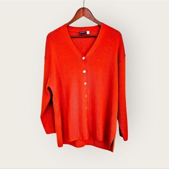 Vintage Biaggini Roma Merino Wool Orange Button Down V-Neck Sweater Cardigan M - Picture 1 of 9